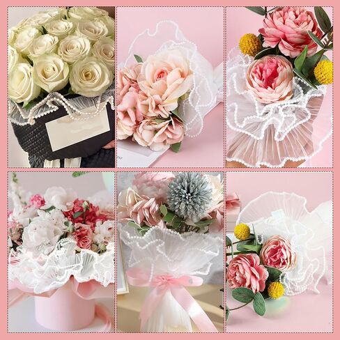 2 Pcs 4 Yards White Flower Wrapping Mesh, Translucen Pearl Edge Wrinkled Bouquet Floral Packaging Paper for Valentine's Day Mother's Day Florist Wedding Gift Packaging DIY Crafts Decorations in Saudi Arabia