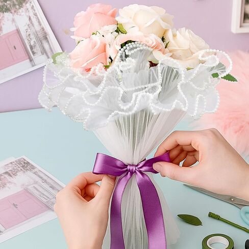 2 Pcs 4 Yards White Flower Wrapping Mesh, Translucen Pearl Edge Wrinkled Bouquet Floral Packaging Paper for Valentine's Day Mother's Day Florist Wedding Gift Packaging DIY Crafts Decorations in Saudi Arabia