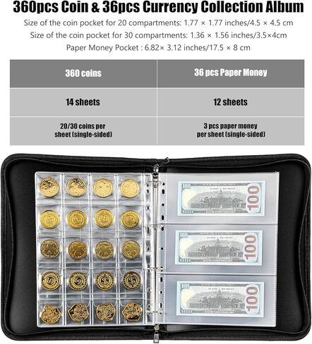 Sibba Coin Collection Collection Holder ، 360 Coins Coins Coins Organizer & 36 Currency Sleeves Money Storage Case HOURSIONS Fireproof Currency COIN in Kuwait