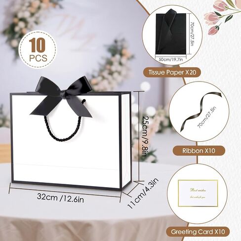 Venyat 10 PCS حقائب هدايا كبيرة بيضاء مع مقبض ، 12.6 × 9.8 × 44.3 بوصة أكياس هدايا ورقية مع شريط القوس وورق الأنسجة ، والحقائب الحالية لحفل عيد ميلاد العروسة (أبيض) in Kuwait