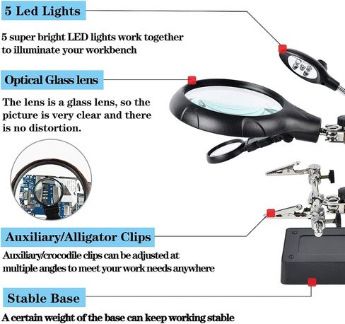 Beileshi 2.5X 7.5X 10X LED Light Helping Hands Magnifier Soldering Station,Magnifying Glass Stand with Auxiliary Clamp and Alligator Clips in Kuwait