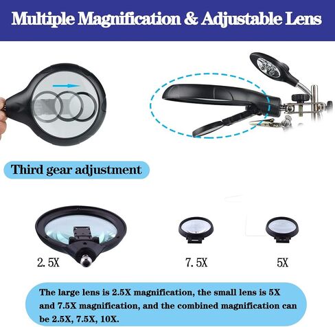 Beileshi 2.5X 7.5X 10X LED Light Helping Hands Magnifier Soldering Station,Magnifying Glass Stand with Auxiliary Clamp and Alligator Clips in Kuwait