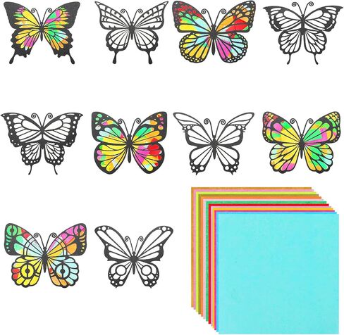 Mixteach 50 قطعة مجموعة الفراشة Suncatcher Kit ، 10 أنواع على الوجهين من الزجاج الملون ، ورقة تأثير 6.3 × 4.3 بوصة مع 30 قطعة ورقة ملونة لنافذة فنية الفصول الدراسية ديكور in Saudi Arabia