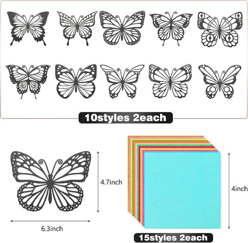 Mixteach 50 قطعة مجموعة الفراشة Suncatcher Kit ، 10 أنواع على الوجهين من الزجاج الملون ، ورقة تأثير 6.3 × 4.3 بوصة مع 30 قطعة ورقة ملونة لنافذة فنية الفصول الدراسية ديكور in Saudi Arabia