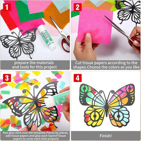 Mixteach 50 قطعة مجموعة الفراشة Suncatcher Kit ، 10 أنواع على الوجهين من الزجاج الملون ، ورقة تأثير 6.3 × 4.3 بوصة مع 30 قطعة ورقة ملونة لنافذة فنية الفصول الدراسية ديكور in Saudi Arabia