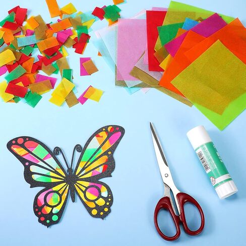 Mixteach 50 قطعة مجموعة الفراشة Suncatcher Kit ، 10 أنواع على الوجهين من الزجاج الملون ، ورقة تأثير 6.3 × 4.3 بوصة مع 30 قطعة ورقة ملونة لنافذة فنية الفصول الدراسية ديكور in Saudi Arabia