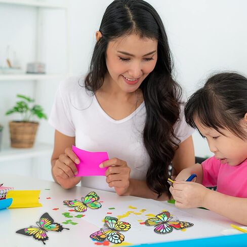 Mixteach 50 قطعة مجموعة الفراشة Suncatcher Kit ، 10 أنواع على الوجهين من الزجاج الملون ، ورقة تأثير 6.3 × 4.3 بوصة مع 30 قطعة ورقة ملونة لنافذة فنية الفصول الدراسية ديكور in Saudi Arabia
