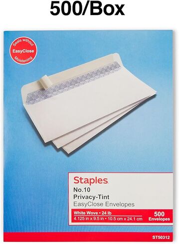Staples EasyClose Security Tinted #10 أظرف أعمال ، 4 1/8 بوصة × 9 1/2 بوصة ، أبيض ، 1000/كرتون (ST50312-CCVS) in Saudi Arabia