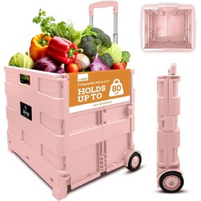Inspired Living Collapsible Ultra-Slim Pack-N-Roll,2 Wheel Utility Cart w/Lid Used as Seat up to 250 Lbs, Telescopic Handle, Super Strong, for Home,Garden,Shopping,Office,School, Large, Pink & Black in Kuwait
