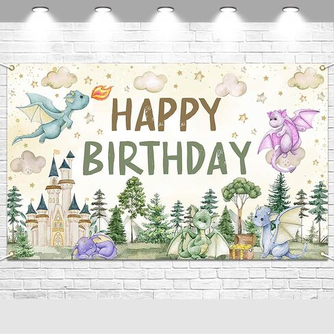 Avezano Dragon Birthday Decorations Dragon Happy Birthday Backdrop Watercolor Castle Dragons Bday Party Banner 6 x 3.6 ft in Saudi Arabia
