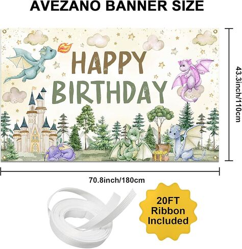 Avezano Dragon Birthday Decorations Dragon Happy Birthday Backdrop Watercolor Castle Dragons Bday Party Banner 6 x 3.6 ft in Saudi Arabia