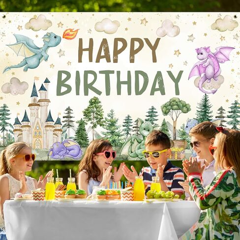 Avezano Dragon Birthday Decorations Dragon Happy Birthday Backdrop Watercolor Castle Dragons Bday Party Banner 6 x 3.6 ft in Saudi Arabia