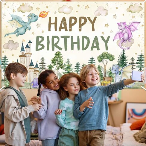 Avezano Dragon Birthday Decorations Dragon Happy Birthday Backdrop Watercolor Castle Dragons Bday Party Banner 6 x 3.6 ft in Saudi Arabia