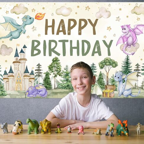 Avezano Dragon Birthday Decorations Dragon Happy Birthday Backdrop Watercolor Castle Dragons Bday Party Banner 6 x 3.6 ft in Saudi Arabia