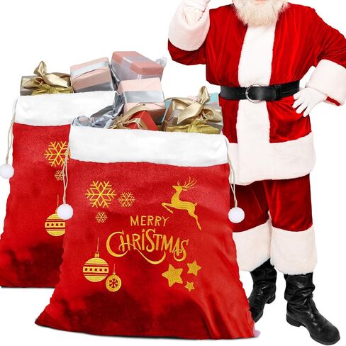Abbylike 2 Pcs Christmas Jumbo Santa Gift Sacks with Drawstring Extra Large Velvet Bag Oversized Gift Bag with Reindeer Snowflake for Christmas Holiday Gift Giving and Party Decor, 27 x 40 Inch (Red) in Saudi Arabia