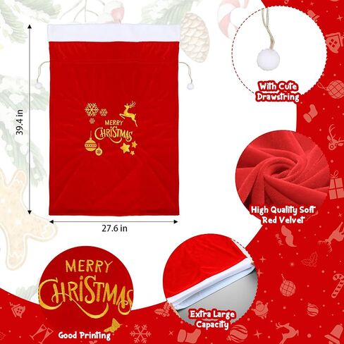 Abbylike 2 Pcs Christmas Jumbo Santa Gift Sacks with Drawstring Extra Large Velvet Bag Oversized Gift Bag with Reindeer Snowflake for Christmas Holiday Gift Giving and Party Decor, 27 x 40 Inch (Red) in Saudi Arabia