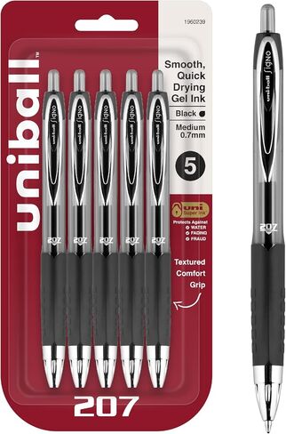 Uniball Signo 207 Gel Pen ، قابل للسحب ، متوسط ​​0.7 مم ، حبر أسود ، برميل أسود شفاف ، 5/حزمة in Saudi Arabia