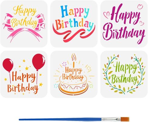 FINGERINSPIRE 6 Pcs Happy Birthday Text Stencil with Brush 5.9x5.9inch Birthday Cake Ribbon Balloon Stencil Birthday Theme Template for Greeting Cards Making DIY Decor in Saudi Arabia
