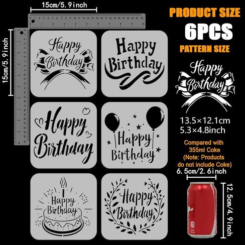 FINGERINSPIRE 6 Pcs Happy Birthday Text Stencil with Brush 5.9x5.9inch Birthday Cake Ribbon Balloon Stencil Birthday Theme Template for Greeting Cards Making DIY Decor in Saudi Arabia