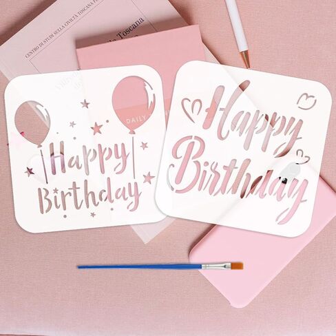 FINGERINSPIRE 6 Pcs Happy Birthday Text Stencil with Brush 5.9x5.9inch Birthday Cake Ribbon Balloon Stencil Birthday Theme Template for Greeting Cards Making DIY Decor in Saudi Arabia