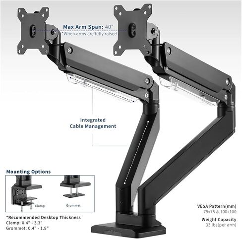 Dual Monitor Balanced Desk Mount for Ultra-Wide Screens up to 38 inches - in Saudi Arabia