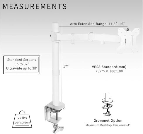 White Single Adjustable Monitor Desk Mount for 1 Computer Screen 38 Inch in Saudi Arabia