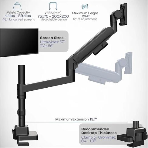 Black Heavy Duty Pneumatic Single Extra Wide Computer Monitor Arm Desk Stand - in Saudi Arabia