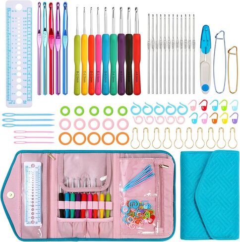 Blingcute 50PCS Ergonomic Crochet Hooks Set (0.6mm-8.0mm),Crochet Hooks for Arthritic Hands with Crochet Accessories, Metal Crochet Needles Kit with Pink Bag for Women & Crocheters in Kuwait