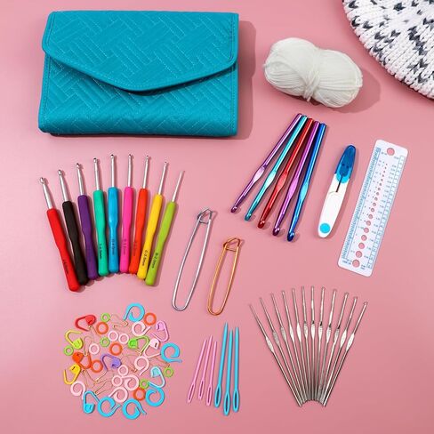 Blingcute 50PCS Ergonomic Crochet Hooks Set (0.6mm-8.0mm),Crochet Hooks for Arthritic Hands with Crochet Accessories, Metal Crochet Needles Kit with Pink Bag for Women & Crocheters in Kuwait