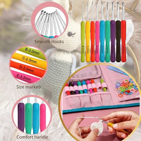 Blingcute 50PCS Ergonomic Crochet Hooks Set (0.6mm-8.0mm),Crochet Hooks for Arthritic Hands with Crochet Accessories, Metal Crochet Needles Kit with Pink Bag for Women & Crocheters in Kuwait