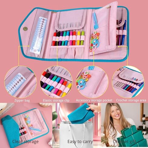 Blingcute 50PCS Ergonomic Crochet Hooks Set (0.6mm-8.0mm),Crochet Hooks for Arthritic Hands with Crochet Accessories, Metal Crochet Needles Kit with Pink Bag for Women & Crocheters in Kuwait