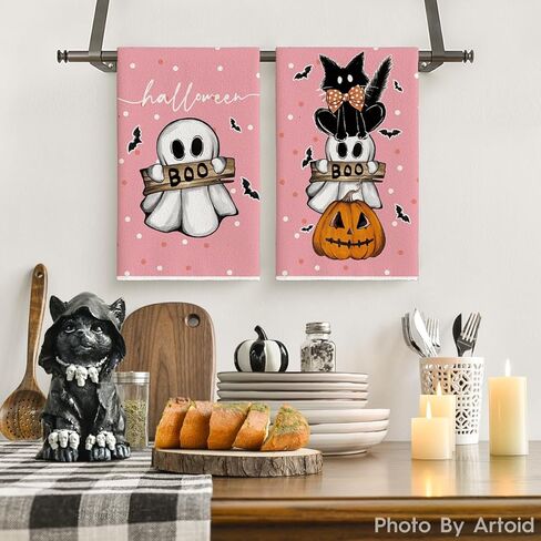 Artoid Mode Black Cat Pumpkin Ghost Halloween Kitchen Towels Dish Towels, 18x26 Inch Bats Jack-O'-Lantern Decoration Hand Towels Set of 2 in Kuwait