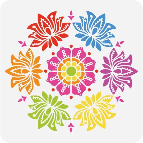 Pingerinspire Lotus Circle Painting stencil 11.8x11.8 بوصة India Style Lotus تصميم زهرة الاستنسل لوتس دائرة الهندية استنسل الهند قالب موضوع لجدار الخشب الأثاث DIY ديكور المنزل in Saudi Arabia