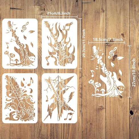 Fingerinspire 4 PCS القيثارات الكهربائية استنسل 8.3x11.7inch قابلة لإعادة الاستخدام القيثارات الصخور الطلاء قالب موسيقى الروك ديكور استنسل ماء وبرق للطلاء على الأثاث على الحائط الخشبي in Saudi Arabia