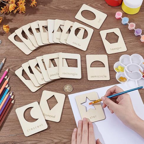 BENECREAT 21 Shapes Wood Geometry Stencils, 3.5x2.7 Inch Reusable Drawing Stencil Template Tool Set for Chalk Paintings and Acrylic Paintings, Wood Stencils for DIY Crafts, Shape Recognition Card in Saudi Arabia