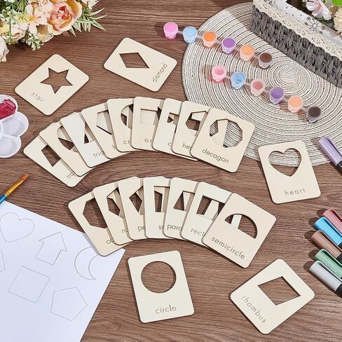 BENECREAT 21 Shapes Wood Geometry Stencils, 3.5x2.7 Inch Reusable Drawing Stencil Template Tool Set for Chalk Paintings and Acrylic Paintings, Wood Stencils for DIY Crafts, Shape Recognition Card in Saudi Arabia