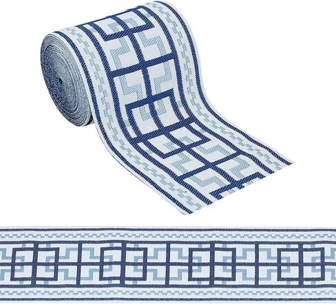 OLYCRAFT 5.5 Yards Dark Blue Jacquard Ribbon Trim 3.5 Inch Wide Vintage Line Pattern Polyester Ribbons Jacquard Woven Embroidery Trim Vintage Embroidery Jacquard Trim for Sewing Curtain Clothing in Saudi Arabia