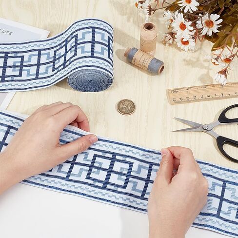 OLYCRAFT 5.5 Yards Dark Blue Jacquard Ribbon Trim 3.5 Inch Wide Vintage Line Pattern Polyester Ribbons Jacquard Woven Embroidery Trim Vintage Embroidery Jacquard Trim for Sewing Curtain Clothing in Saudi Arabia