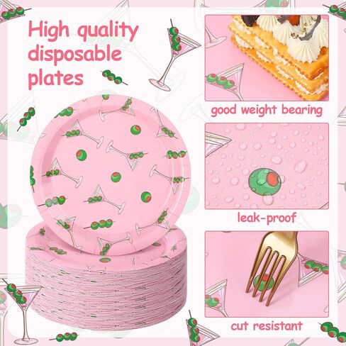 Zhehao 50 Pcs Martini Party Decoration a Tini Bit Older Birthday Supplies 9 Inch Disposable Martini Paper Plates Tini Bit Older Birthday Decoration for Wedding (Pink,Cocktail) in Saudi Arabia