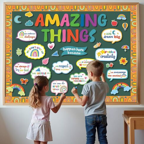 Konsait 74 PCS Classroom Bulletin Sets ، أشياء مذهلة تحدث هنا لوحة إعلانات ، Boho Rainbow مرحبًا بك في المدرسة القواطع التحفيزية الإيجابية لديكور جدار الفصل الدراسي المدرسي in Saudi Arabia