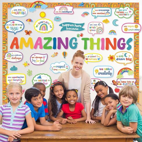 Konsait 74 PCS Classroom Bulletin Sets ، أشياء مذهلة تحدث هنا لوحة إعلانات ، Boho Rainbow مرحبًا بك في المدرسة القواطع التحفيزية الإيجابية لديكور جدار الفصل الدراسي المدرسي in Saudi Arabia