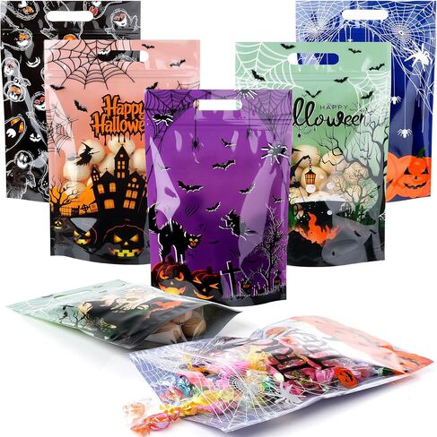 60pcs Halloween Plastic Resealable Treat Bags,Kids Fall Gift Bag with Handles Trick or Treat Candy Bags Pumpkin Goodie Bag for Halloween Autumn Birthday Party Favors Decorations Supplies,9X6inch in Saudi Arabia