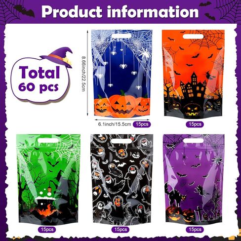 60pcs Halloween Plastic Resealable Treat Bags,Kids Fall Gift Bag with Handles Trick or Treat Candy Bags Pumpkin Goodie Bag for Halloween Autumn Birthday Party Favors Decorations Supplies,9X6inch in Saudi Arabia