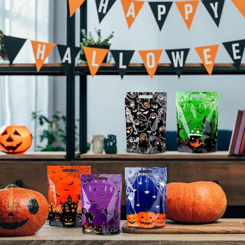 60pcs Halloween Plastic Resealable Treat Bags,Kids Fall Gift Bag with Handles Trick or Treat Candy Bags Pumpkin Goodie Bag for Halloween Autumn Birthday Party Favors Decorations Supplies,9X6inch in Saudi Arabia