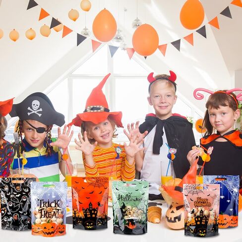 60pcs Halloween Plastic Resealable Treat Bags,Kids Fall Gift Bag with Handles Trick or Treat Candy Bags Pumpkin Goodie Bag for Halloween Autumn Birthday Party Favors Decorations Supplies,9X6inch in Saudi Arabia