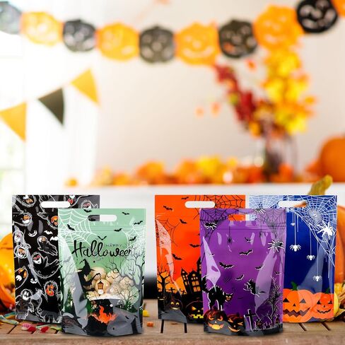 60pcs Halloween Plastic Resealable Treat Bags,Kids Fall Gift Bag with Handles Trick or Treat Candy Bags Pumpkin Goodie Bag for Halloween Autumn Birthday Party Favors Decorations Supplies,9X6inch in Saudi Arabia