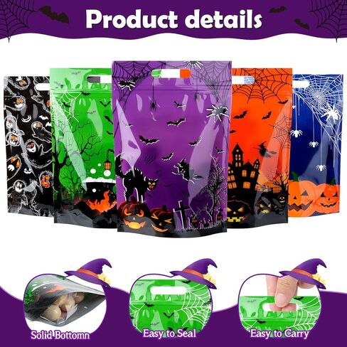 60pcs Halloween Plastic Resealable Treat Bags,Kids Fall Gift Bag with Handles Trick or Treat Candy Bags Pumpkin Goodie Bag for Halloween Autumn Birthday Party Favors Decorations Supplies,9X6inch in Saudi Arabia