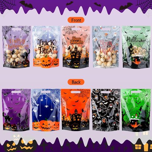 60pcs Halloween Plastic Resealable Treat Bags,Kids Fall Gift Bag with Handles Trick or Treat Candy Bags Pumpkin Goodie Bag for Halloween Autumn Birthday Party Favors Decorations Supplies,9X6inch in Saudi Arabia