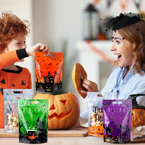 60pcs Halloween Plastic Resealable Treat Bags,Kids Fall Gift Bag with Handles Trick or Treat Candy Bags Pumpkin Goodie Bag for Halloween Autumn Birthday Party Favors Decorations Supplies,9X6inch in Saudi Arabia