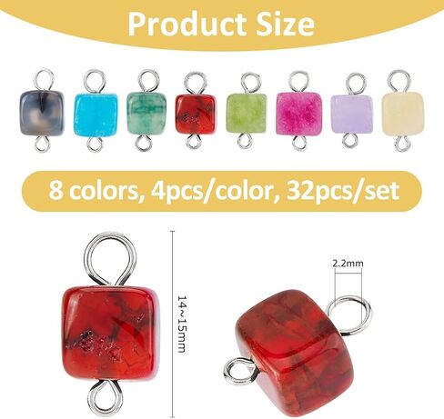Superfindings 32pcs 8 Colors Natural Gemstone Connector Charms Charms Cube Cube مع 304 حلقات مزدوجة من الفولاذ المقاوم للصدأ in Kuwait